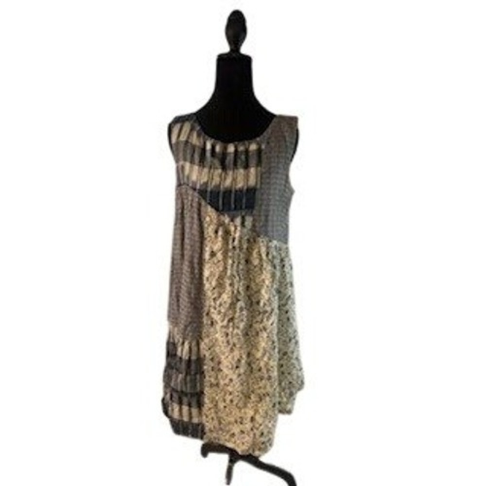 Holding Horses Anthropologie Mixed Patchwork Boho Dress Blue Cream S